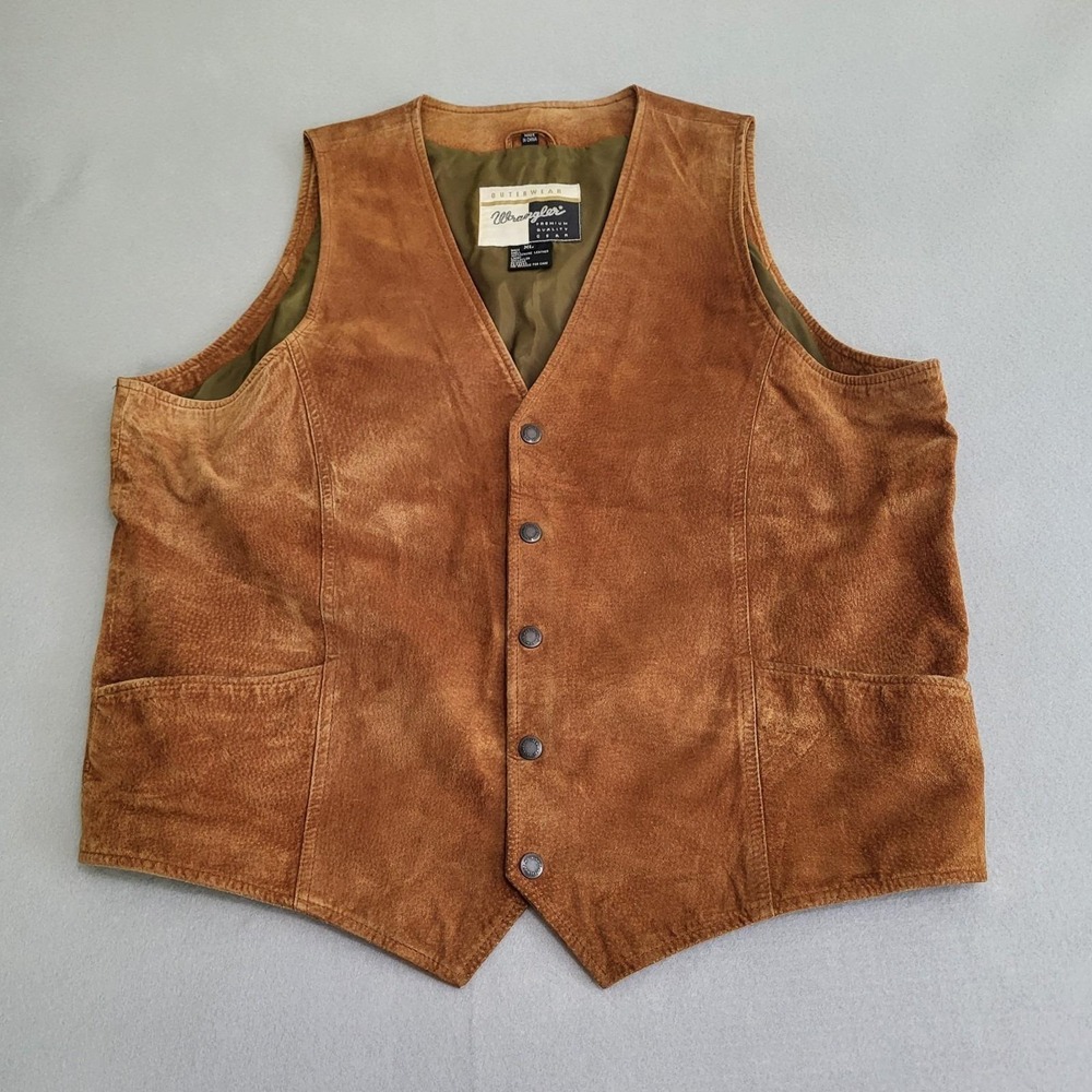 VTG Wrangler Brown Suede 100% Genuine Leather Snap Front Vest Men's XL Lined